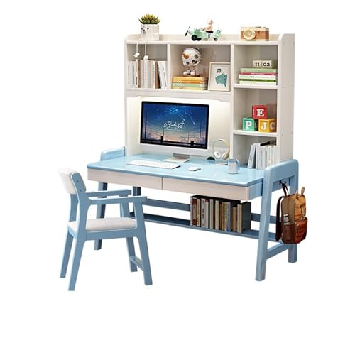 Schreibtisch aus Massivholz mit integriertem Bücherregal, perfekt zum Schreiben und Computern (Farbe: Blau + Stuhl B, Größe: 120 x 60 x 158 cm) von BOKNI