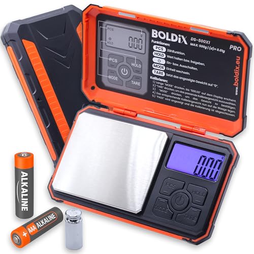 BOLDiX Taschenwaage 500g/0.01g inkl. Zählfunktion, 10g Prüfgewicht [im Batteriefach] Deckel als Schale verwendbar, 8 Einheiten | Digitale Waage Feinwaage inkl. Batterien (DS-500X1) von BOLDiX