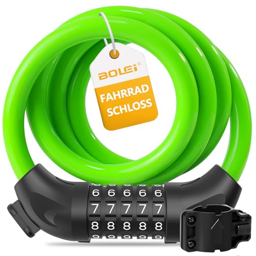 BOLEi Fahrradschloss mit Zahlencode 12mm/120CM,Anti-Diebstahl Fahrrad Kabelschloss mit 5-Stellig Code Kombination,Wasserdichtes Zahlenschloss Cable für Fahrrad,E-Bike,Kinderwagens,Leitern,Grills(Grün) von BOLEi