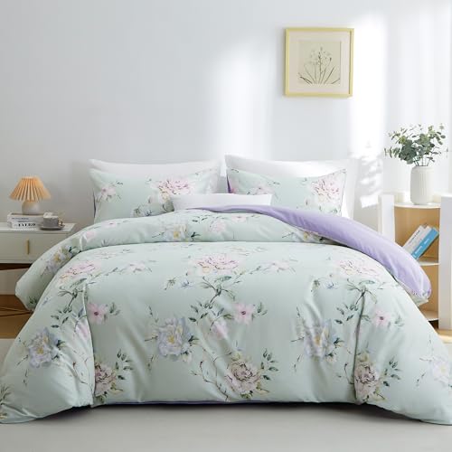 BOLINLIVING Bettbezug mit Blumenmuster, Queen-Size-Größe, 3-teilig, Blumen-Bettbezug mit 2 Kissenbezügen, weiches Blumen-Bettwäsche-Set, Salbeigrün und Lila, für alle Jahreszeiten, atmungsaktiv, BOLINLIVING Bettbezug mit Blumenmuster, Queen-Size-Größe, 3-teilig, Blumen-Bettbezug mit 2 Kissenbezügen, weiches Blumen-Bettwäsche-Set, Salbeigrün und Lila, für alle Jahreszeiten, atmungsaktiv, von BOLINLIVING