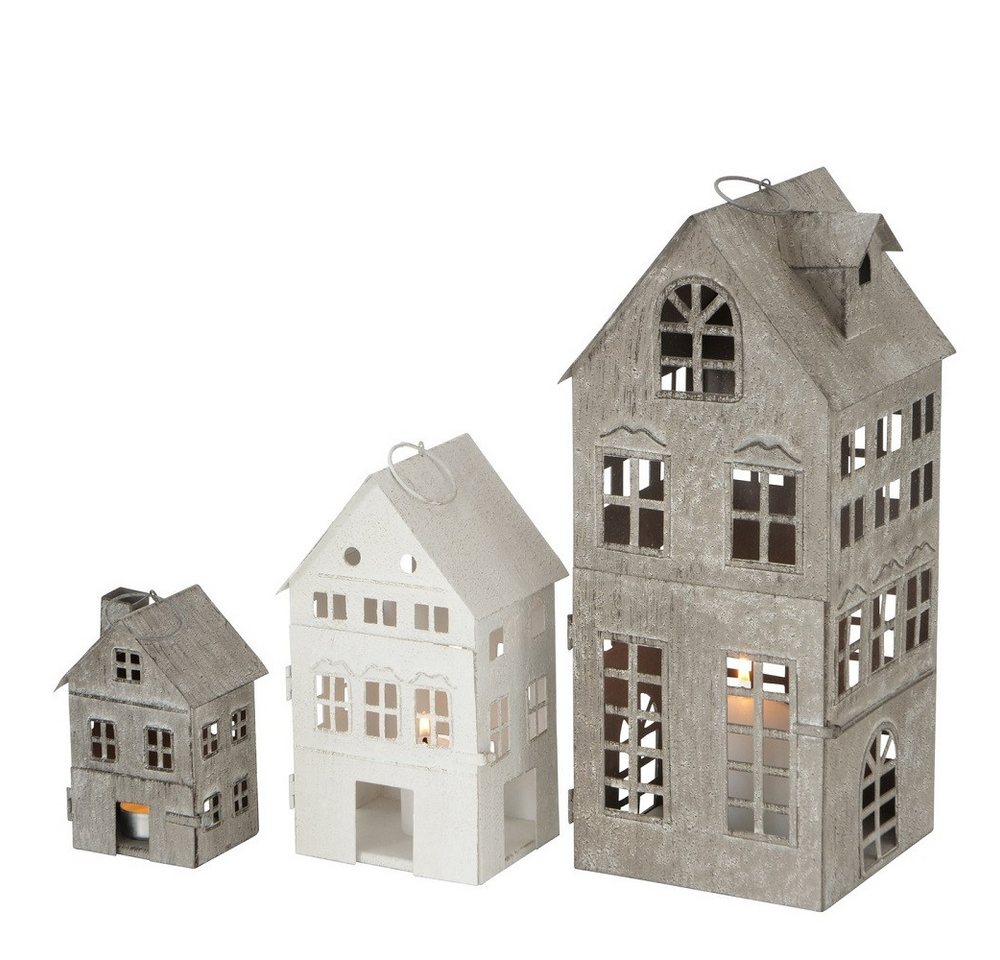 BOLTZE GRUPPE GmbH Kerzenlaterne Laterne Firenze Eisen Haus grau/weiß H 13/22/35cm 3 er Set von BOLTZE GRUPPE GmbH