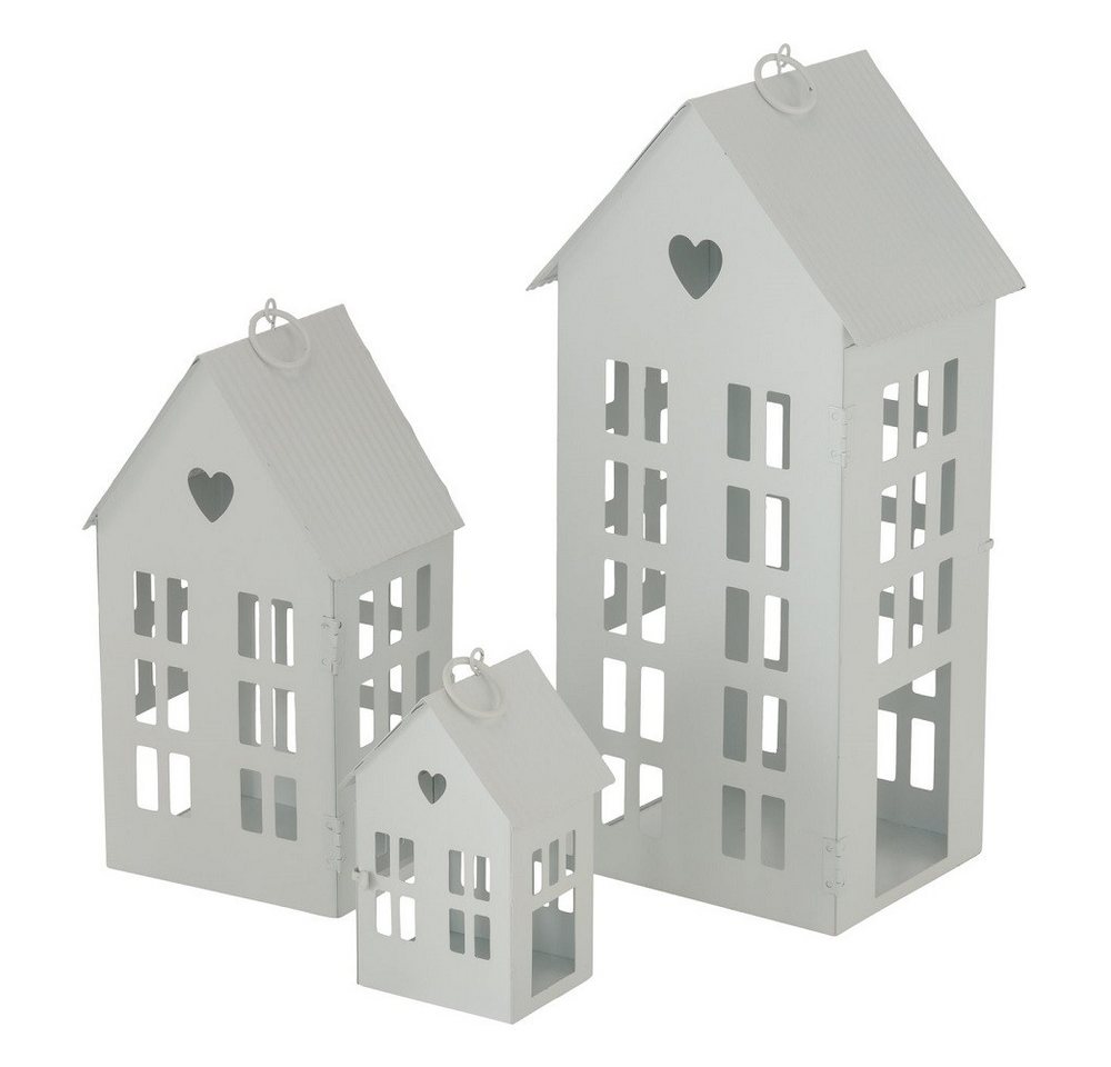 BOLTZE GRUPPE GmbH Windlicht Laterne Alamo, Haus Windlicht 3 tlg weiß Eisen lackiert H 14-35cm von BOLTZE GRUPPE GmbH