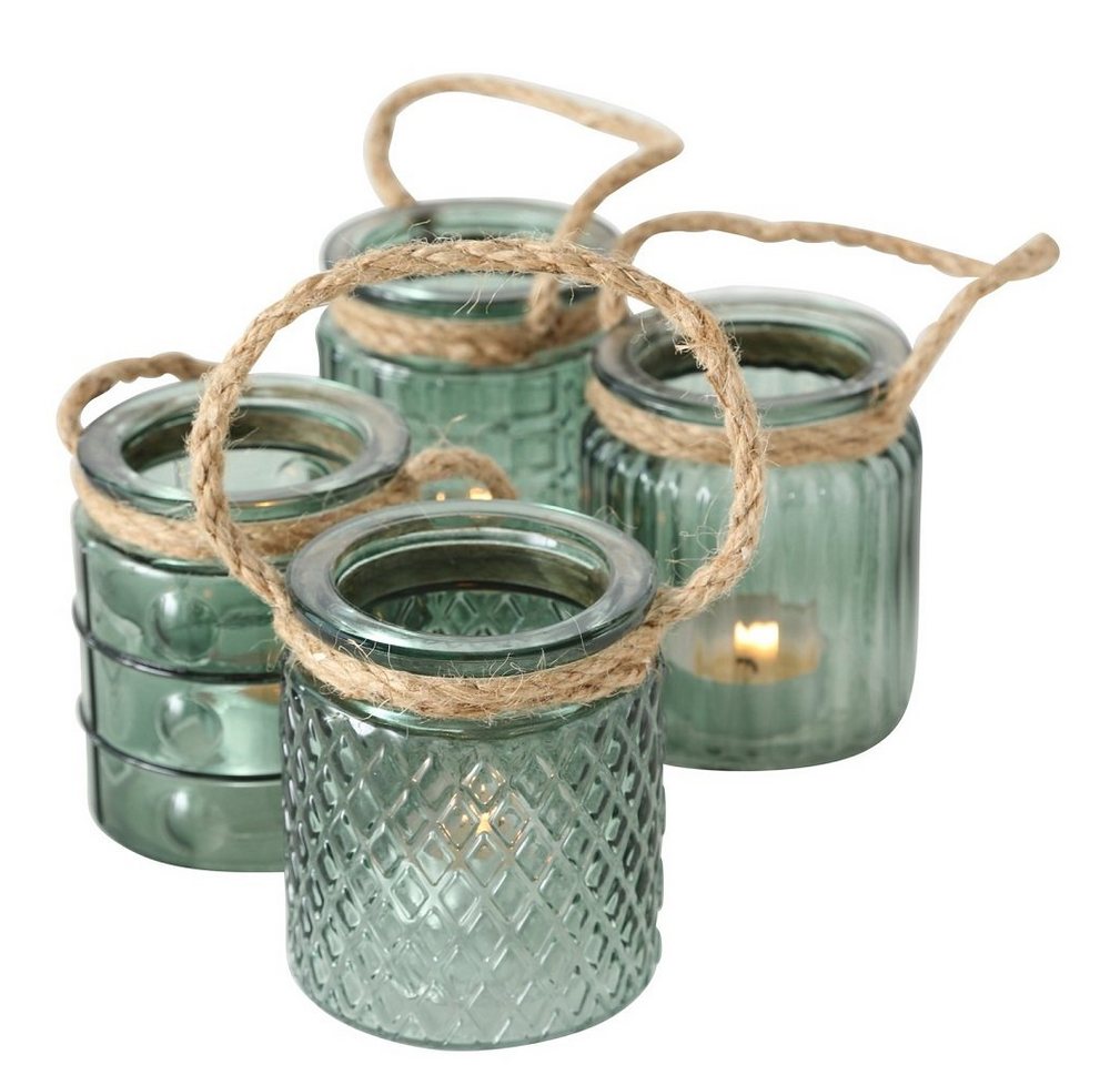 BOLTZE GRUPPE GmbH Windlicht Windlicht Glas lackiert mit Henkel H 9 cm pastell grün 4er Set von BOLTZE GRUPPE GmbH
