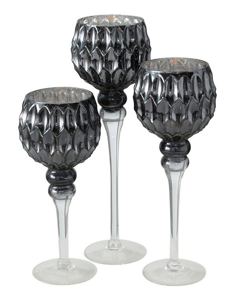 BOLTZE GRUPPE GmbH Windlicht Windlicht Manou Glas lackiert grau-silber, 3er Set, Deko Glas H 30-3 von BOLTZE GRUPPE GmbH