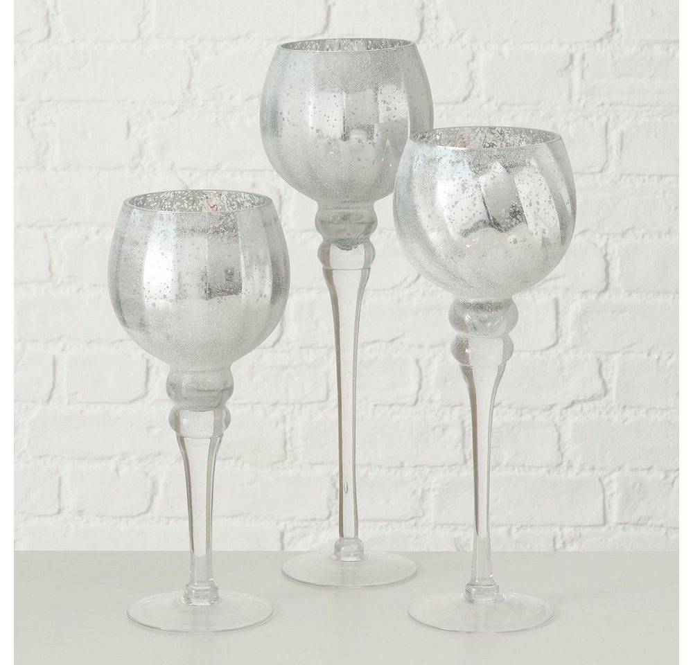 BOLTZE GRUPPE GmbH Windlicht Windlicht Manou Glas lackiert silber geeist metallic 3er Set Deko Glas von BOLTZE GRUPPE GmbH