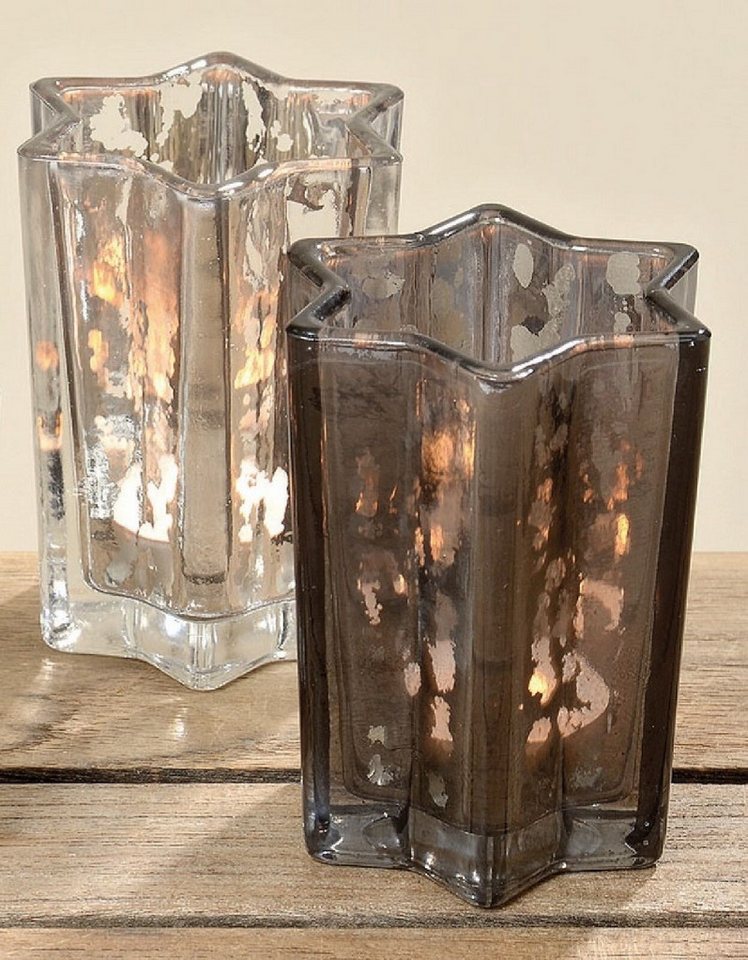 BOLTZE GRUPPE GmbH Windlicht Windlicht Teelicht Glas lackiert grau/hell Stern H ca. 10 cm 2er Set von BOLTZE GRUPPE GmbH