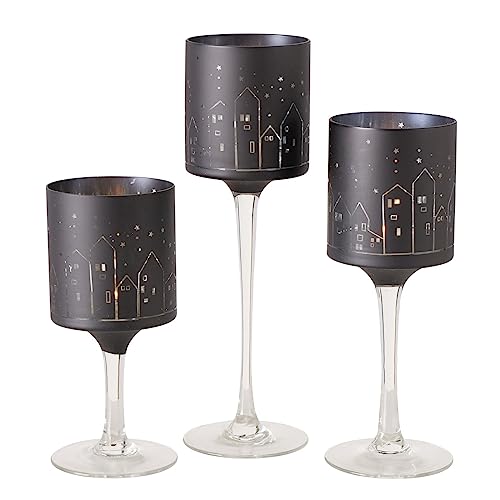 3 x Windlicht Minou Little Town Glas Höhe 20-30 cm schwarz, Advent, Winter, Weihnachten von BOLTZE