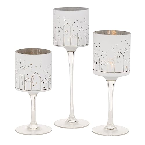 3 x Windlicht Minou Little Town Glas Höhe 20-30 cm weiß, Advent, Winter, Weihnachten von BOLTZE