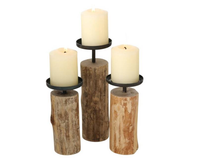 BOLTZE Kerzenständer Boltze Kerzenständer Tempe 3-tlg. Kerzenhalter aus Holz + Metall von BOLTZE