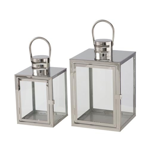 BOLTZE Laterne Kiruna Set (2 TLG., Farbe Silber, aus Glas/Metall, L 14-18 cm, B 14-18 cm, H 24-29 cm, Form Quadrat, mit Henkel, Deko, Windlicht, Kerzenhalter) 2049901 von BOLTZE