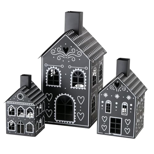 BOLTZE Laternen Haus Villagio 3er Set Windlicht Deko Laterne schwarz Eisen Lampion Tischlaterne Gartenlaterne Laternenset von BOLTZE