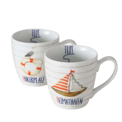 BOLTZE 2er Set maritimer Jumbobecher, Kaffee- oder Teetasse, Kampen, Porzellan, Farbe: weiß, blau, rot, beige, Füllvermögen: 480 ml; sehr hübsch, 2034329 von BOLTZE