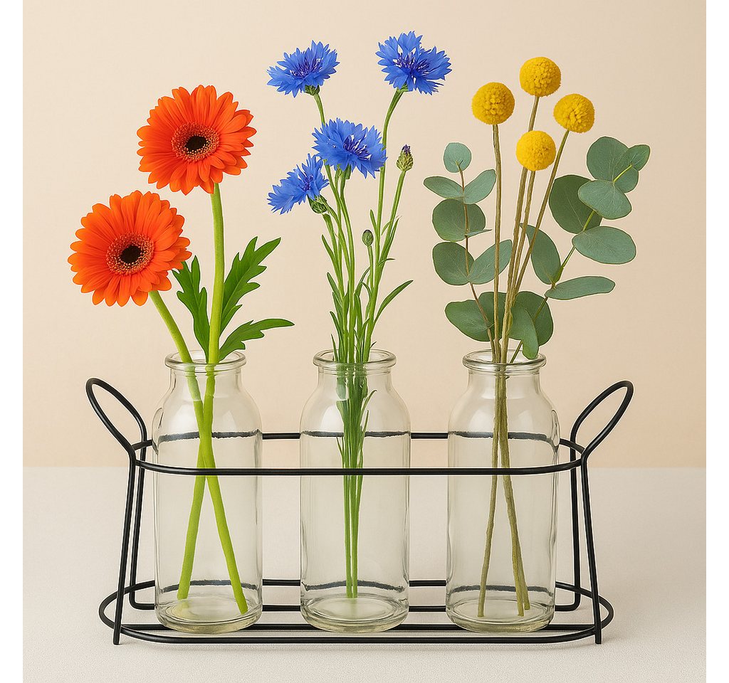 BOLTZE Tischvase Flaschenvasen Set, 3-teilig mit Metallhalter 33 cm Dekovasen aus Glas (3 St) von BOLTZE