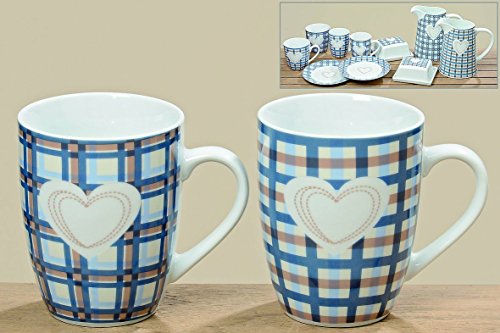 Boltze 2 x Kaffeebecher und 2 x Frühstücks-Teller, blau kariert mit Herzmuster, H: 10cm, Küchen-Esstisch-Frühstücks-Tasse-Geschirr von BOLTZE