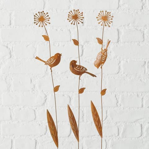 Gartenstab Garten-Deko Blume mit Vögel H 46 cm Eisen Edelrost 3er Set von BOLTZE