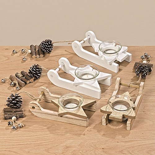 BOLTZE Teelichthalter Schlitten Holz H 4 cm 2er Set Natur oder weiß 2 Ausführungen von BOLTZE