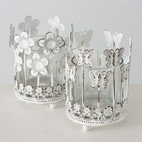 Windlicht Eisen Glas Schmetterling oder Blume weiß Shabby Look Stückpreis von BOLTZE