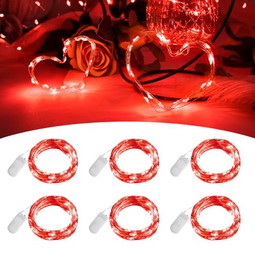 BOLWEO Valentinstag LED Lichterkette 6 Stück 2m 20Leds Rot Mini LED Lichterkette mit Batterie Kupfer Drahtlichterkette für Party, Schlafzimmer,Haus, Schlafzimmer,Hochzeit Jahrestag Party von BOLWEO