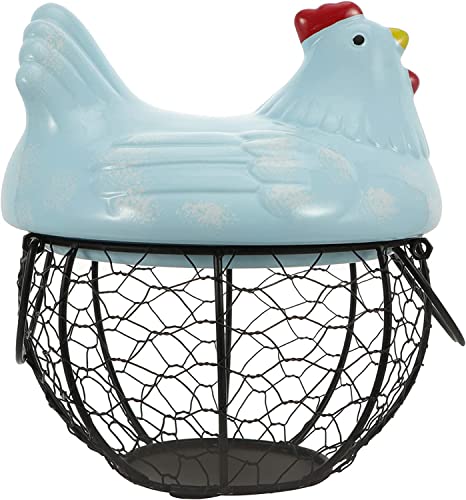 Huhn Eierkorb, Schmiedeeisen Eieraufbewahrungskorb mit Deckel, Ostereierkorb Dekoration, Küche Aufbewahrungskörbe Halter Rack (Blau) von BOLYUM