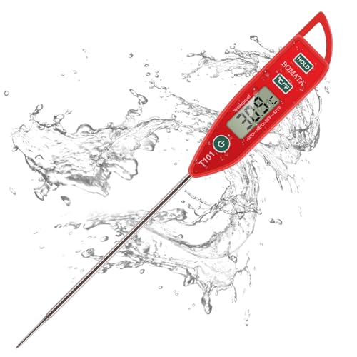 BOMATA Wasserdichtes IPX7 Thermometer, geeignet für Wasser, Flüssigkeiten,Kerzen und Kochen.Sofort ablesbares Lebensmittelthermometer mit langer Sonde,geeignet für Kochen,Fleisch,Grillen!T101 rot… von BOMATA