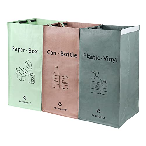 3 Packungen Recycling-Taschen, Rosa, Grün, Grau mit Griff, separater Sortier-Organizer, gewebte Abfallbehälter, Tasche, 107 l, wasserdicht, für Küche, Zuhause, Büro, leicht zu reinigen, Bomei-Pack von BOMEI PACK