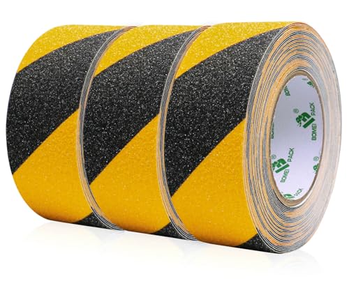 BOMEI PACK Antirutsch Klebeband Streifen mit Selbstklebend, 3 Rollen von 5cm x 10m Treppe Stufen Band Kleber Rutschfest Klebeband, schwarz-gelb, Hohe Traktion Pad für innen- und Außenbereich von BOMEI PACK