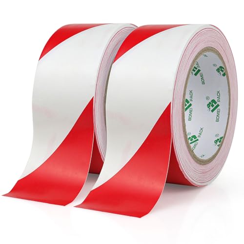BOMEI PACK 2 Rollen 50mmx33m Selbstklebend Warnband Sicherheitsmarkierung Absperrband,Boden Markierungsband Rot und Weiß zur Markierung gefährlicher Bereiche von BOMEI PACK