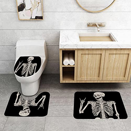 BOMEKS Badteppich-Set 3-teilige,rutschfeste, Schädel Menschliches Skelett Menschliches Skelett posiert,rutschfeste Badematte, U-förmiger Konturteppich und Toilettendeckel von BOMEKS