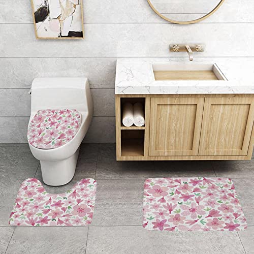 Badmatten-Set 3-Teilig Atmungsaktiv rutschfest, Cherry Blossom Mingled Cartoon Style Design von blühenden Sakura-Blüten und Knospen.Grün ,Badematte + Sockelmatte + Toilettensitzbezug Matte Dreiteilige von BOMEKS