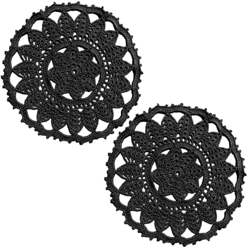 BOMHCS 2 Stück Blätter Blumen Spitze Deckchen 20,3 cm bis 22,9 cm gehäkelte runde Untersetzer Esszimmer elegantes Geschirr Tischsets (schwarz) von BOMHCS