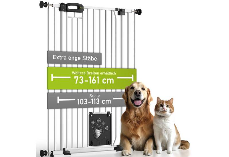 BOMI Türschutzgitter Tierschutzgitter mit Katzenklappe Merle 73-161 cm, Extra enge Abstände der Stäbe - Inklusive magnetischer Katzenklappe von BOMI