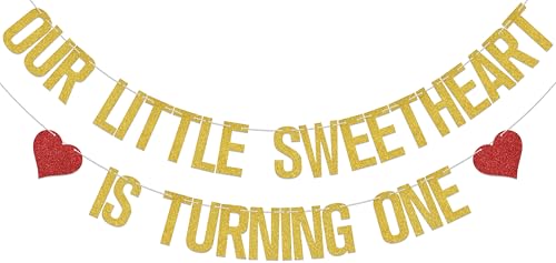 Banner mit Aufschrift "Our Little Sweetheart Is Turning One", "Little Sweetheart 1. Birthday", Party-Dekoration, goldfarben, Rot Banner mit Aufschrift "Our Little Sweetheart Is Turning One", "Little Sweetheart 1. Birthday", Party-Dekoration, goldfarben, Rot von BOMXOI