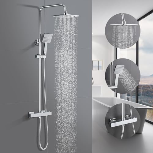 BONADE Duschsystem mit Thermostat, Regendusche mit Armatur, Edelstahl Duscharmatur Komplettset, Duschset mit 81-117cm Edelstahl Einstellbar Duschstangen, Chrom von BONADE