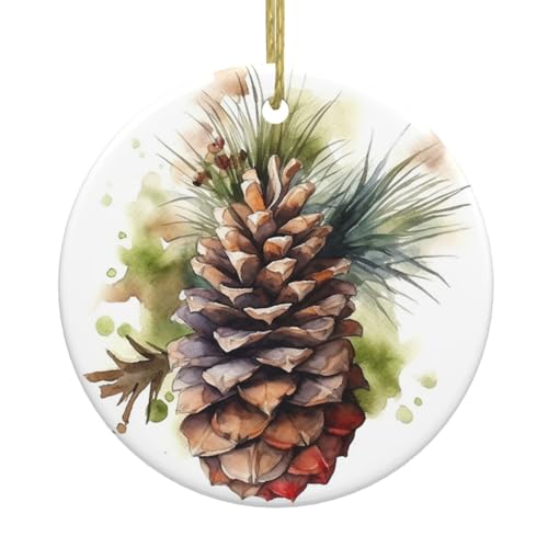 Aquarell Tannenzapfen Weihnachten Ornament 2023 Weihnachtsbaum Hängende Ornament mit Goldband Keramik Ornamente für Weihnachten Urlaub Dekorationen von BONDIJ