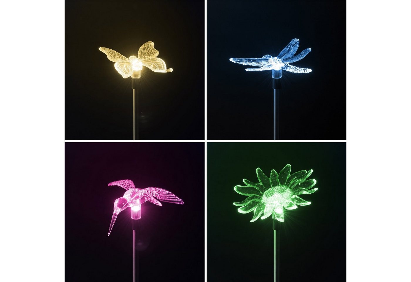 BONETTI LED Solarleuchte 4er Set Solar Gartenstecker, moderne Solarlampen, automatischer Farbwechsel, 4 Motive: Schmetterling, Libelle, Blume, Kolibri, Einschaltautomatik von BONETTI