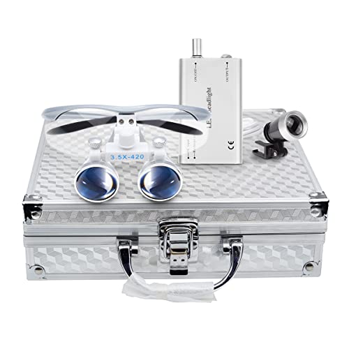 BoNew Dental 3,5 x 420 mm chirurgisches Fernglaslupes-Set mit LED-Kopflicht, silberfarbene Aluminiumbox von BONEW