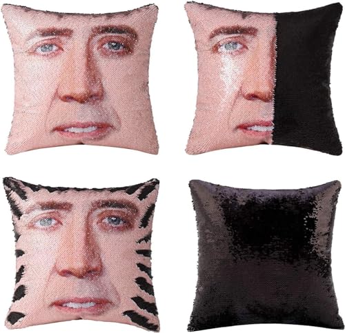 BONFUN 16x16In Nicolas Cage Pailletten Kissen Abdeckung Magic Reversible Funny Pailletten Kissen Fall Dekorative Kissen Abdeckung (Color : Black, Size : 16"*16") von BONFUN