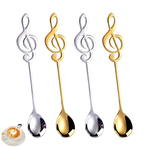 BONHHC 4 Stück Dessert Löffel,15,5cm Dekorative Musiknote Rührlöffel,304 Edelstahl Kaffeelöffel für Zuhause | Musiknoten Griff Design | Gold und Silber von BONHHC