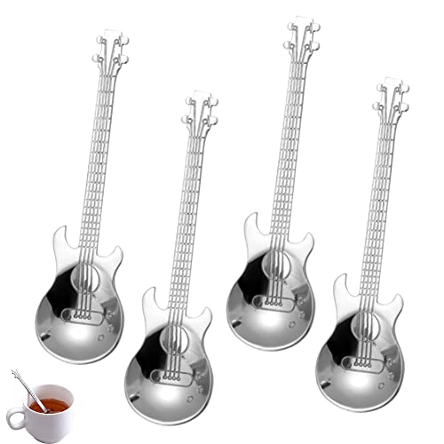 BONHHC 4 Stück Gitarren Kaffeelöffel,304 Edelstahl Musikalische Teelöffel,12cm Kleiner Löffel für Milch,Dessert,Milchshake und Espresso (Silber) von BONHHC