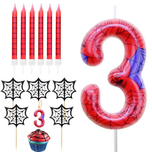 Geburtstagskerzen Zahlen 3, Spinnennetz Kerze 3. Geburtstag, Geburtstagskerzen kuchen mit 6 Lange Kerzen Cake Topper, Rot Kerzen Zahlen für Kuchen Spinne Thema Party Deko Geburtstagskerzen Zahlen 3, Spinnennetz Kerze 3. Geburtstag, Geburtstagskerzen kuchen mit 6 Lange Kerzen Cake Topper, Rot Kerzen Zahlen für Kuchen Spinne Thema Party Deko von BONHHC