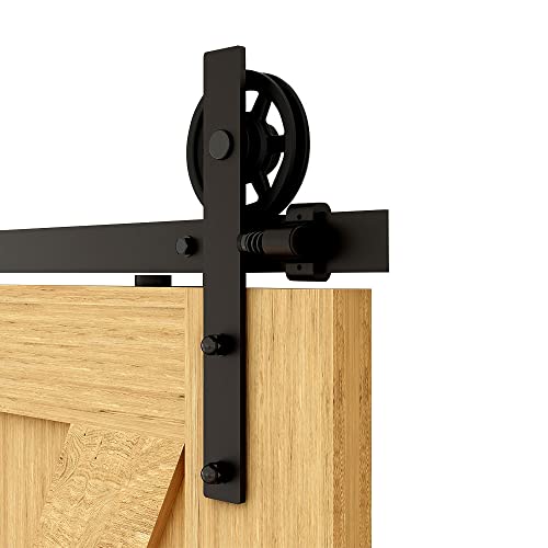 Schiebetürbeschlag 305cm Schiebetüren Schiebetürsystem Komplettset Laufschiene Rollen Set Schwarz für 1 Holztür 152cm Breit, Mittlere Rolle in I-Form von BONIKLUBA