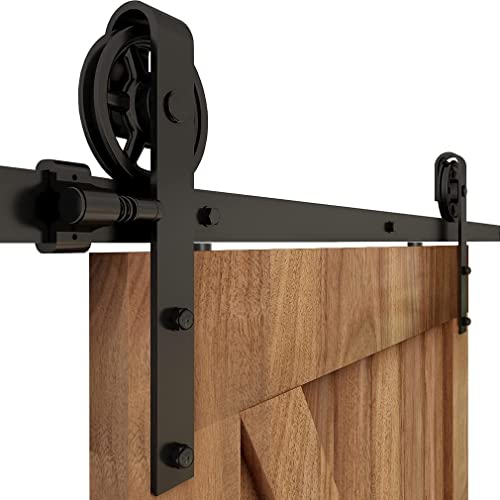 Schiebetürbeschlag 366cm Schiebetüren Schiebetürsystem Komplettset Laufschiene Rollen Set Schwarz für 1 Holztür 183cm Breit, Mittlere Rolle in J-Form von BONIKLUBA