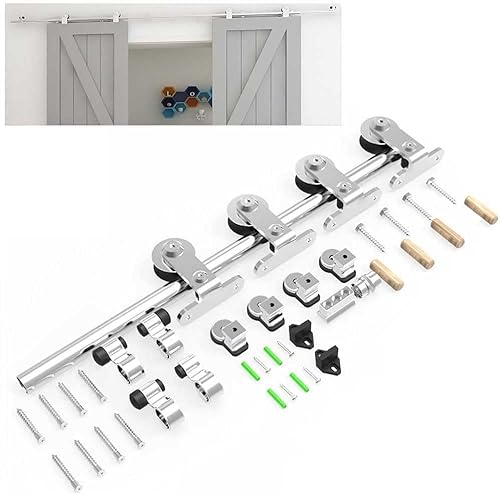 Schiebetürbeschlag Edelstahl Doppeltür 244cm Schiebetüren Schiebetürsystem Komplettset Laufschiene Rollen Set für 2 Holztür 61cm Breit, T Form von BONIKLUBA