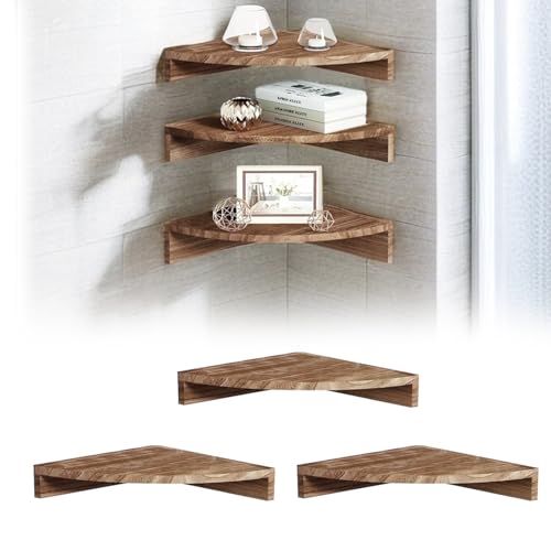 BONJUME 3er Set Eckregal, Eckregal Hängeregal Eiche Massivholz Runde Enden Wandregal Holz Vintage Landhausstil Regal für Schlafzimmer Wohnzimmer Kinderzimmer oder Schlafzimmer Radius 28cm von BONJUME