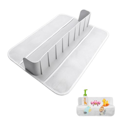 Badewannenspritzschutz, Spritzschutz Badewanne Für Kinder Spielregal Bathtub Shelf Tray Silikon Bad Spielzeug Organizer Klappbare Badewannen Spielzeug Aufbewahrung Spielzeugnetz Mit 4 Netztaschen von BONJUME