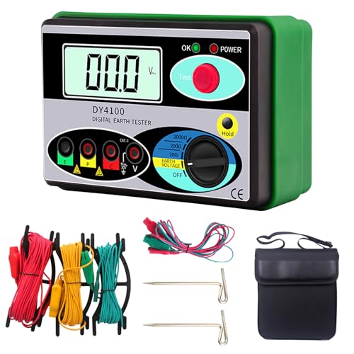 Erdungsmessgerät, Earth Resistance Meter 0~2000Ω Erinnerung an schwache Batterie Ohm Real Megohmmeter Multimeter-Tester Bodentester mit Messleitungen Erdungsschienen und Aufbewahrungstasche von BONJUME