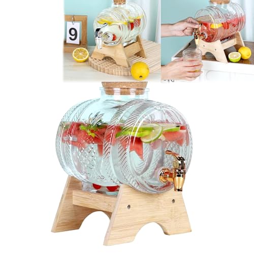 Getränkespender aus Glas, Fassförmiger Getränkespender 1 L mit Ständer, Whisky Karaffe für Alkohol mit Zapfhahn, Kaltgetränkekesselbehälter für Kühlschrank Eistee Limonade Bar Party von BONJUME