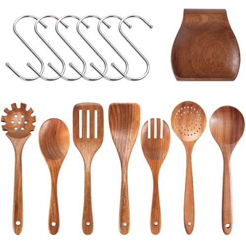 Küchenutensilien Set, 16 Stück Kochlöffel Holz Set mit Häkchen HolzKochutensilien Holzspatel zum Kochen Schöpfkelle Pfannenwender Kochlöffel Antihaftbeschichtete Küchenhelfer Set von BONJUME