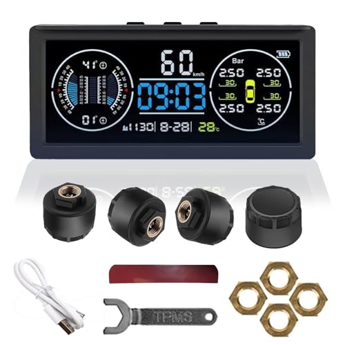 Multifunktional Reifendruckkontrollsystem, TPMS mit 4 Externen Sensoren Solaraufladung Monitor Universal Geschwindigkeit mit Farbiger LCD Anzeige 9.9BAR/199Psi für Van RV LKW SUV von BONJUME