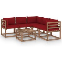 6-tlg. Garten-Lounge-Set,Gartenmöbel-Set mit Kissen in Weinrot Kiefernholz vidaXL von BONNEVIE